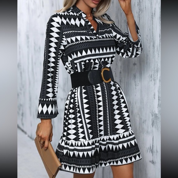 Classic Abstract Geo Print Flounce Sleeve Ruffle Hem Dress NO BELT - Picture 11 of 14